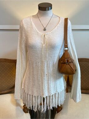 Max Studio Cream Knit Fringe Boho Tie-Front Top, Sz L, Hippie Festival Coachella